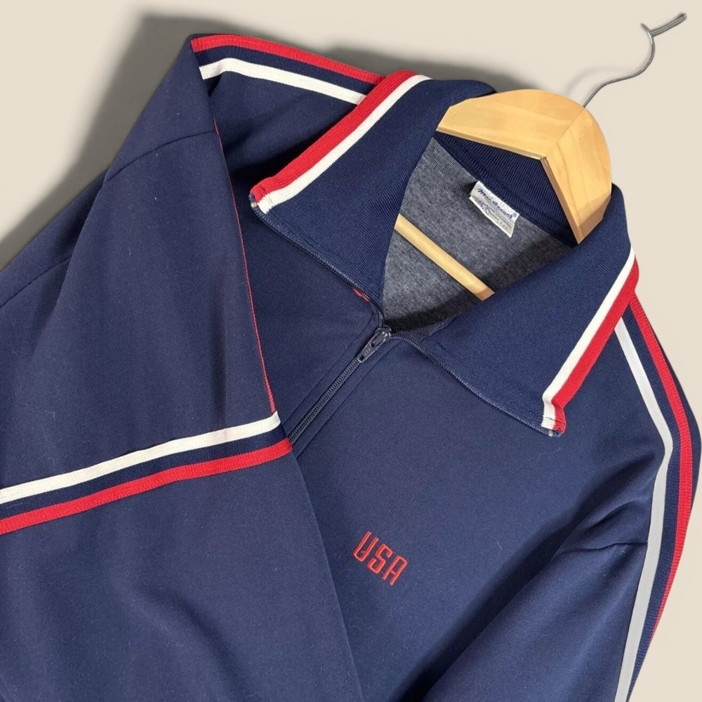Vintage Track Jacket MacGregor XL Navy Blue Poly Cotton USA Racing Stripes